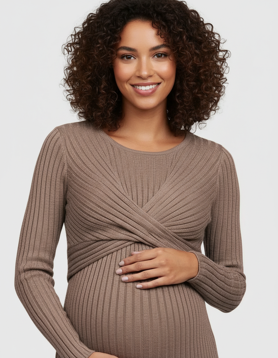 Bump Society – The Comfort Collection: Knot Front Long Sleeve Maternity Midi Dress-Bump Society