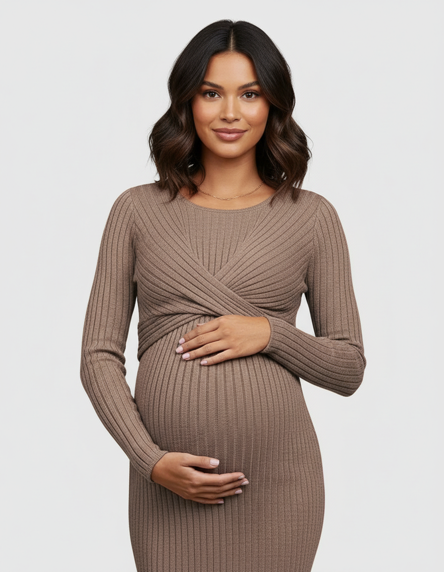 Bump Society – The Comfort Collection: Knot Front Long Sleeve Maternity Midi Dress-Bump Society