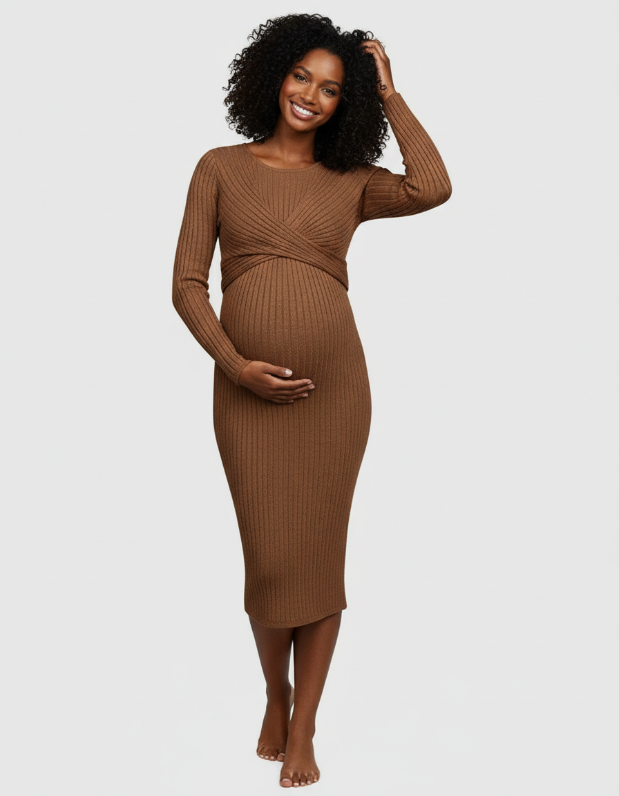 Bump Society – The Comfort Collection: Knot Front Long Sleeve Maternity Midi Dress-Bump Society