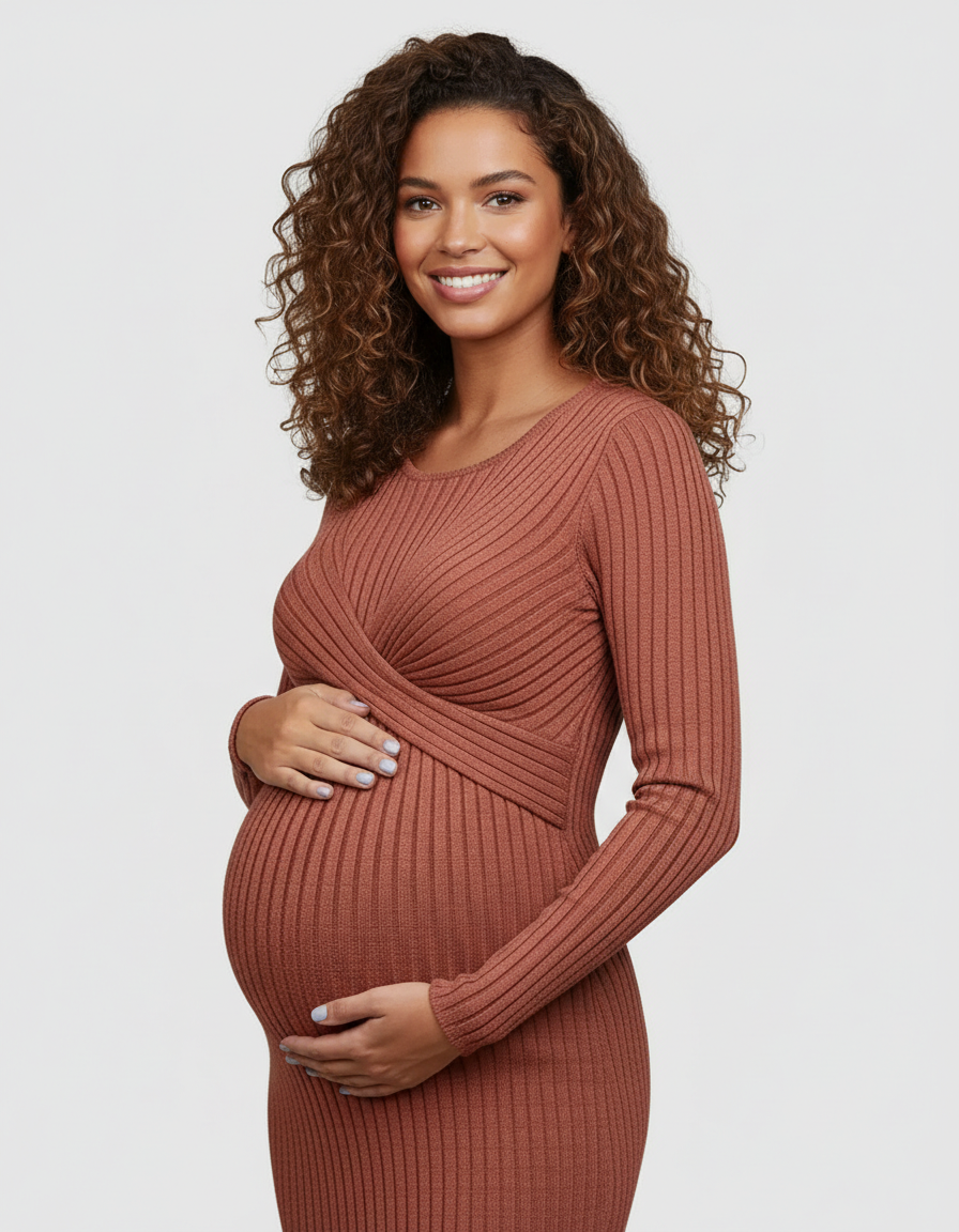 Bump Society – The Comfort Collection: Knot Front Long Sleeve Maternity Midi Dress-Bump Society