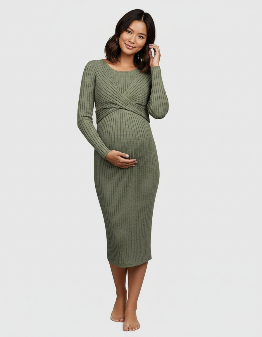 Bump Society – The Comfort Collection: Knot Front Long Sleeve Maternity Midi Dress-Bump Society