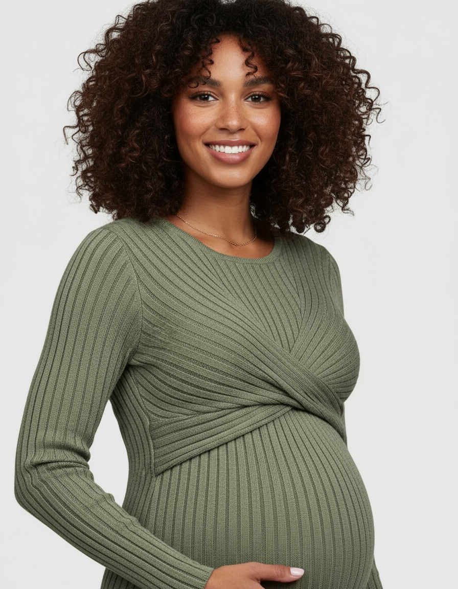 Bump Society – The Comfort Collection: Knot Front Long Sleeve Maternity Midi Dress-Bump Society