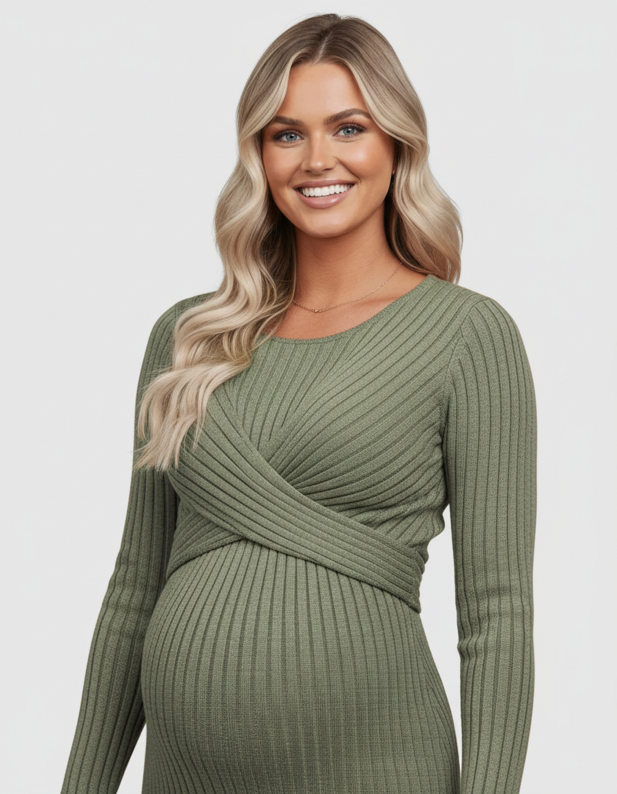 Bump Society – The Comfort Collection: Knot Front Long Sleeve Maternity Midi Dress-Bump Society