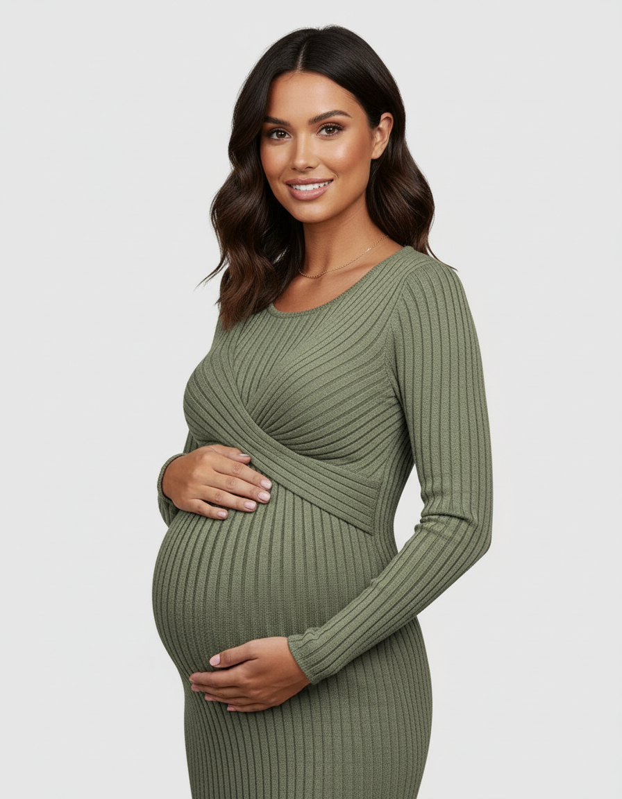 Bump Society – The Comfort Collection: Knot Front Long Sleeve Maternity Midi Dress-Bump Society