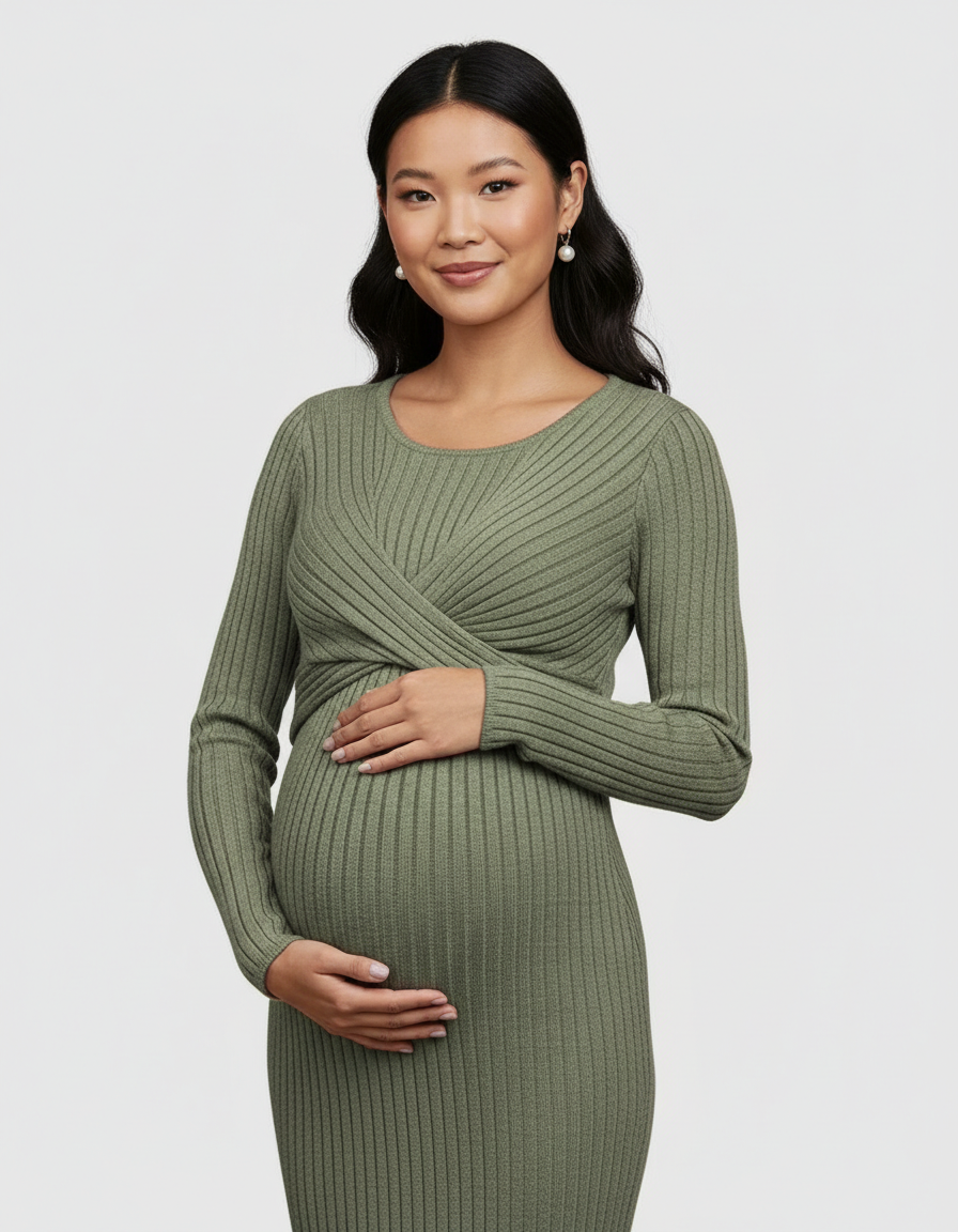 Bump Society – The Comfort Collection: Knot Front Long Sleeve Maternity Midi Dress-Bump Society