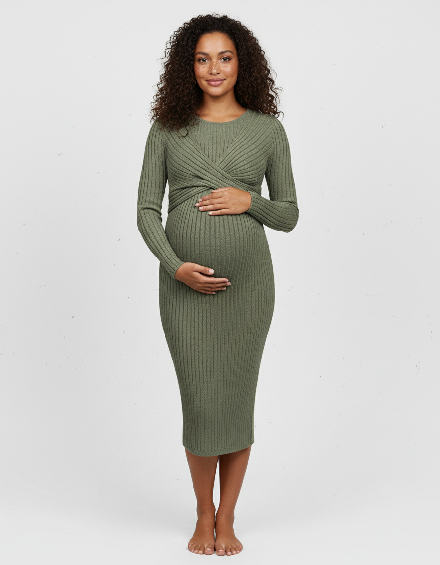 Bump Society – The Comfort Collection: Knot Front Long Sleeve Maternity Midi Dress-Bump Society