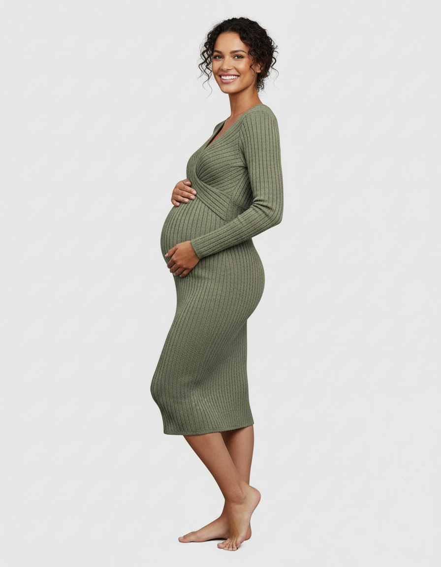 Bump Society – The Comfort Collection: Knot Front Long Sleeve Maternity Midi Dress-Bump Society