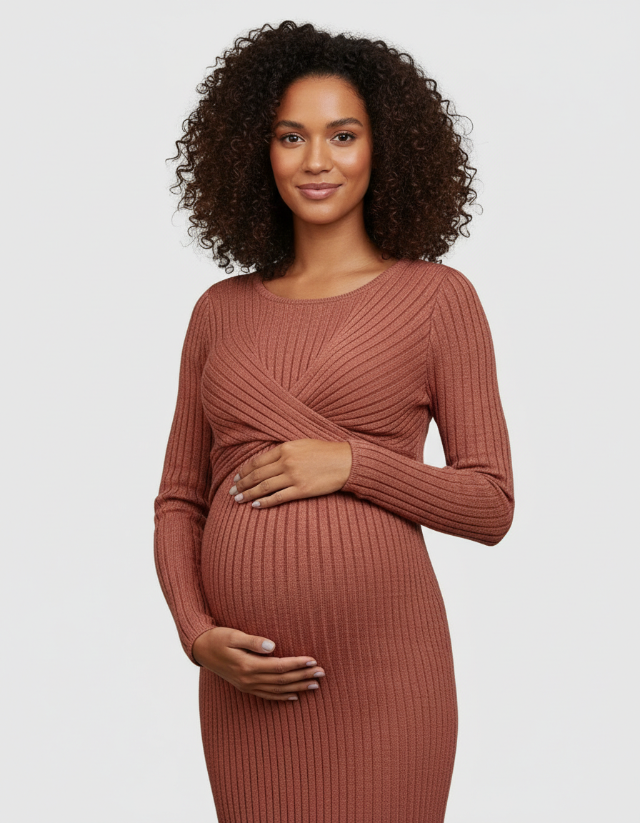 Bump Society – The Comfort Collection: Knot Front Long Sleeve Maternity Midi Dress-Bump Society