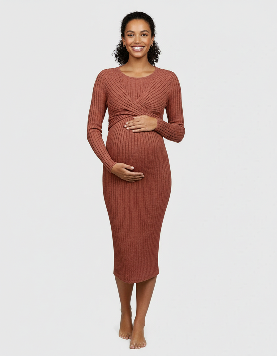 Bump Society – The Comfort Collection: Knot Front Long Sleeve Maternity Midi Dress-Bump Society