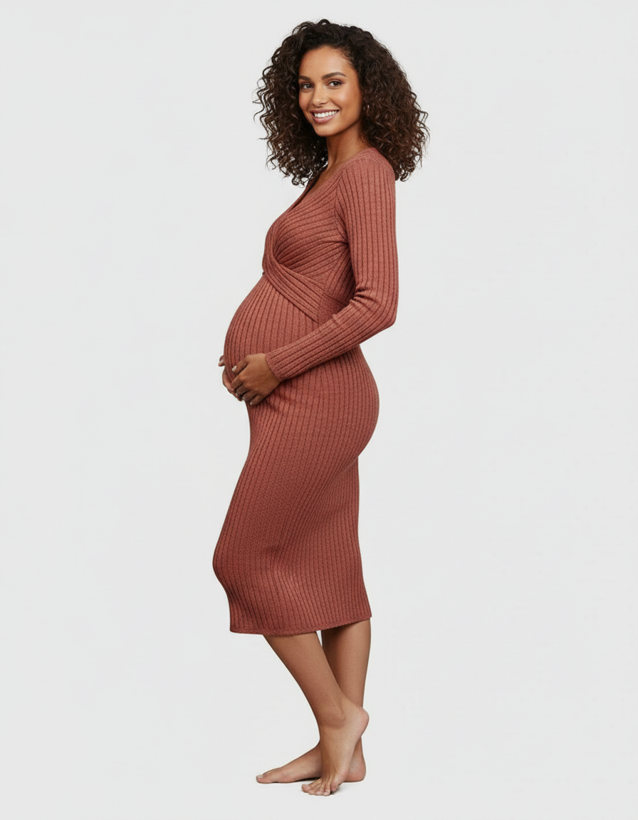 Bump Society – The Comfort Collection: Knot Front Long Sleeve Maternity Midi Dress-Bump Society