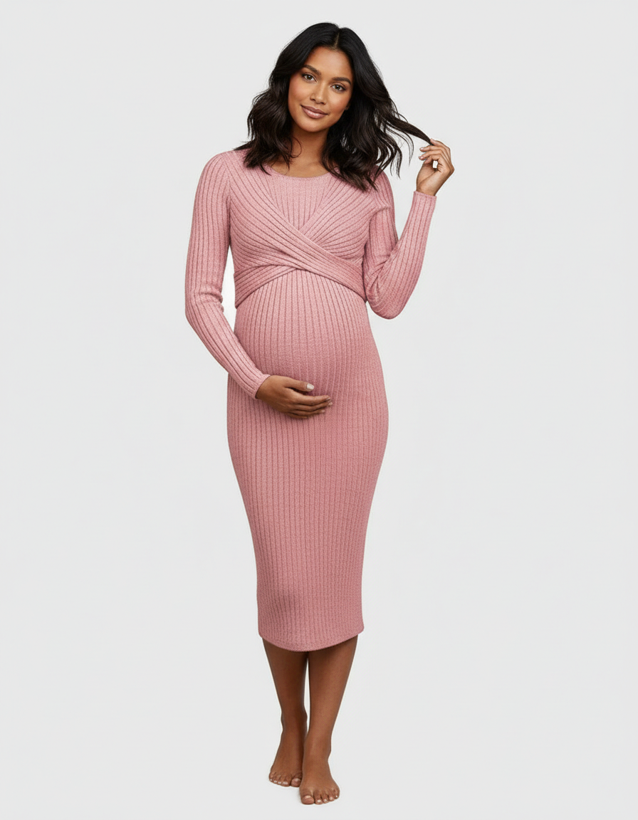 Bump Society – The Comfort Collection: Knot Front Long Sleeve Maternity Midi Dress-Bump Society