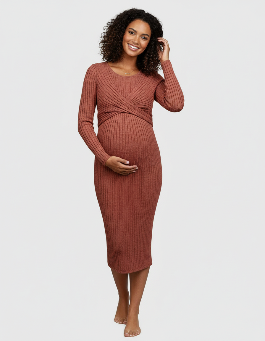 Bump Society – The Comfort Collection: Knot Front Long Sleeve Maternity Midi Dress-Bump Society