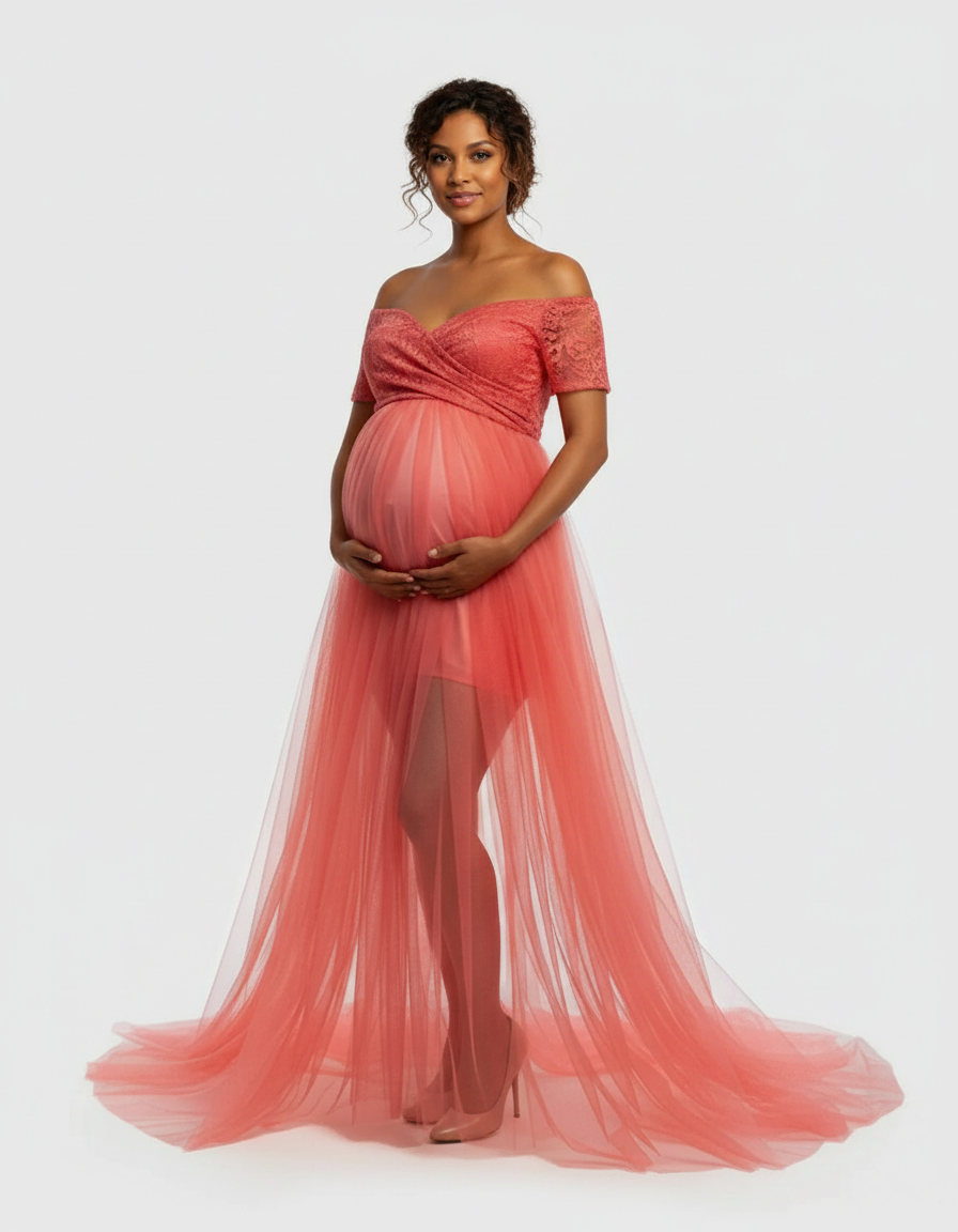 Coral lace & mesh off-shoulder maternity gown with flowing tulle skirt.