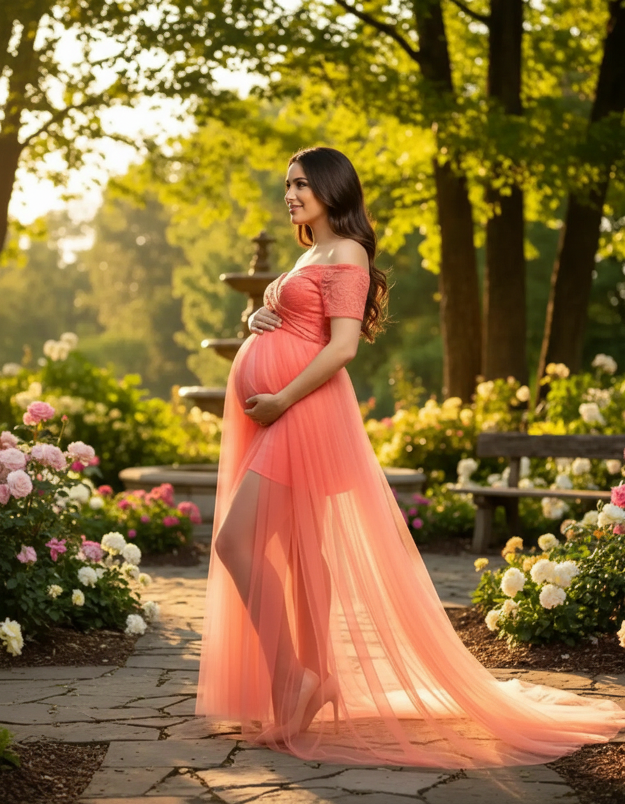 Pregnant woman in a coral lace & mesh off-shoulder maternity gown with a flowing tulle skirt.