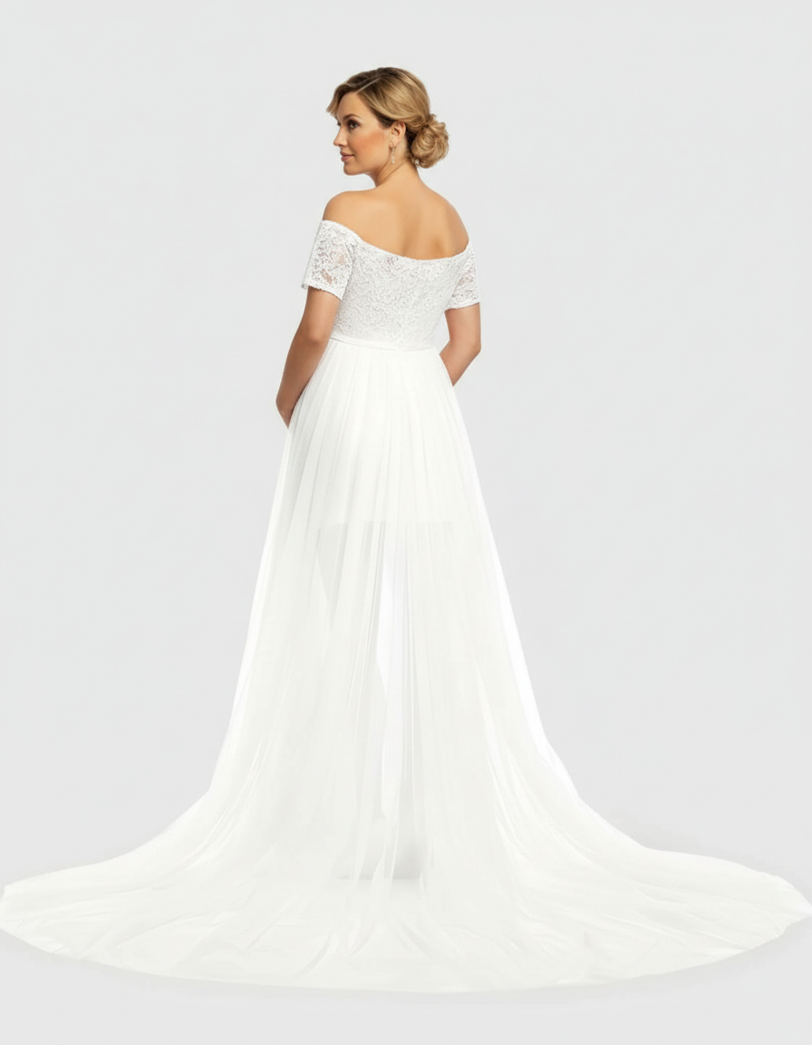 White lace & mesh off-shoulder maternity gown with a flowing skirt and train.