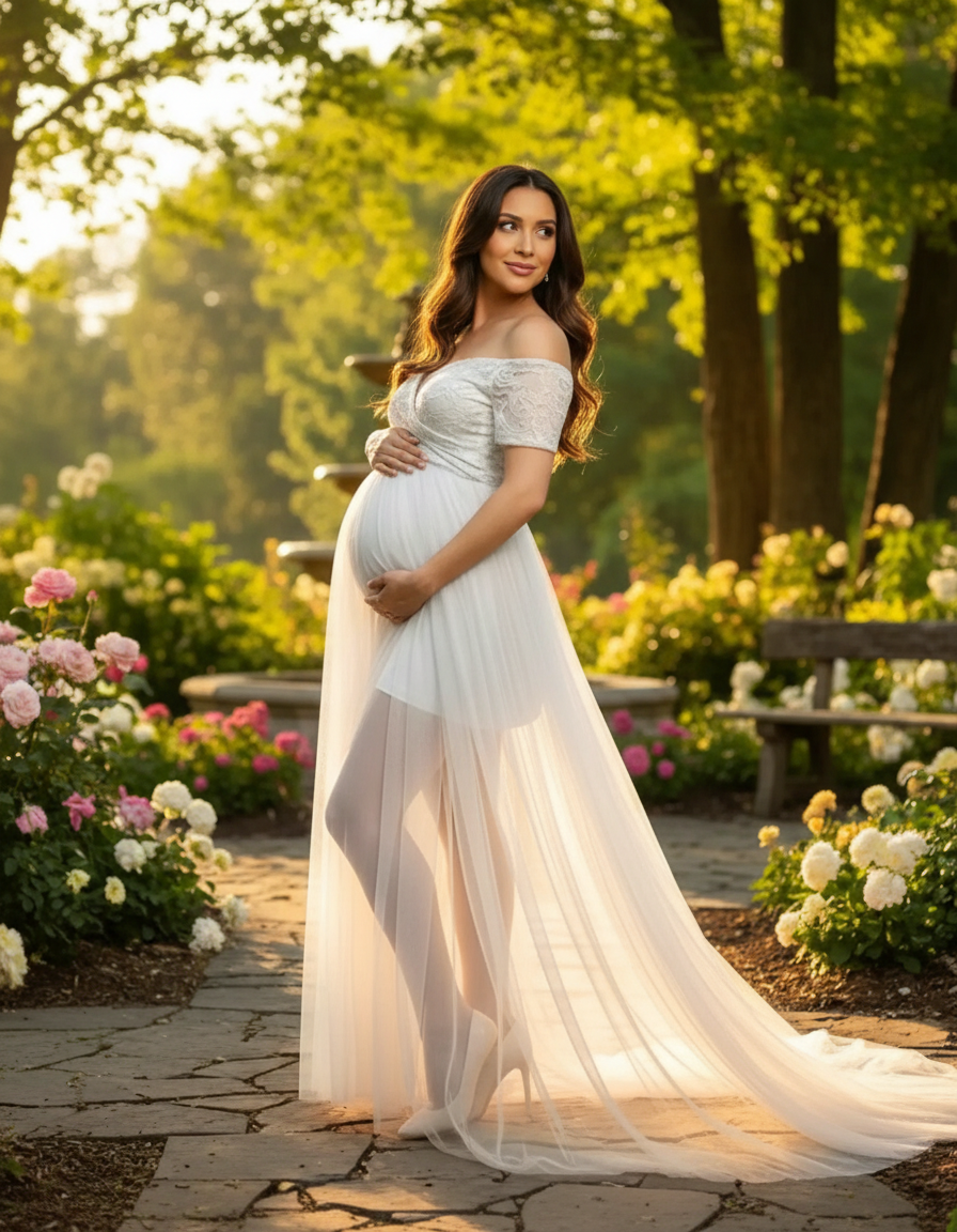 Pregnant woman in a white lace & mesh off-shoulder maternity gown, posing in a rose garden.