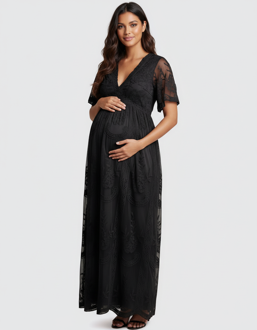 Bump Society – The Comfort Collection: Lace Overlay Boho Maternity Maxi Dress-Bump Society