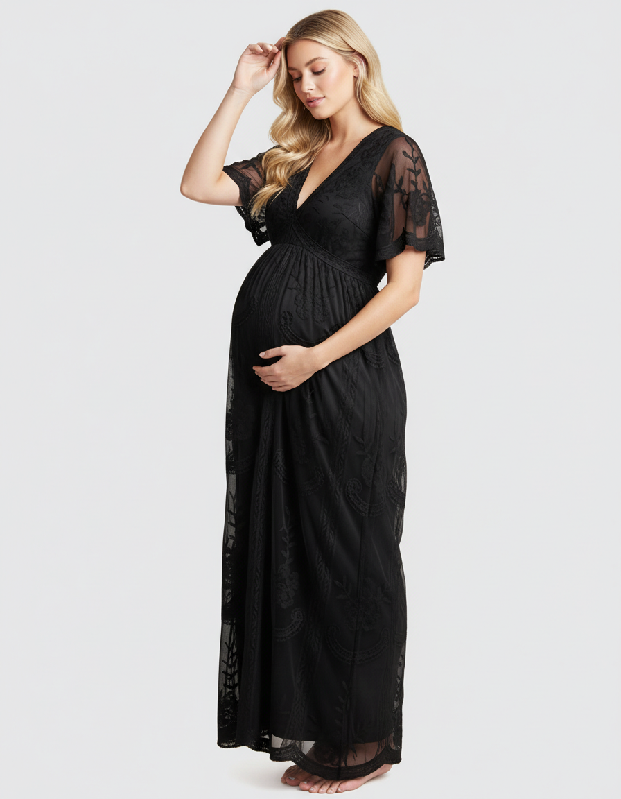Bump Society – The Comfort Collection: Lace Overlay Boho Maternity Maxi Dress-Bump Society