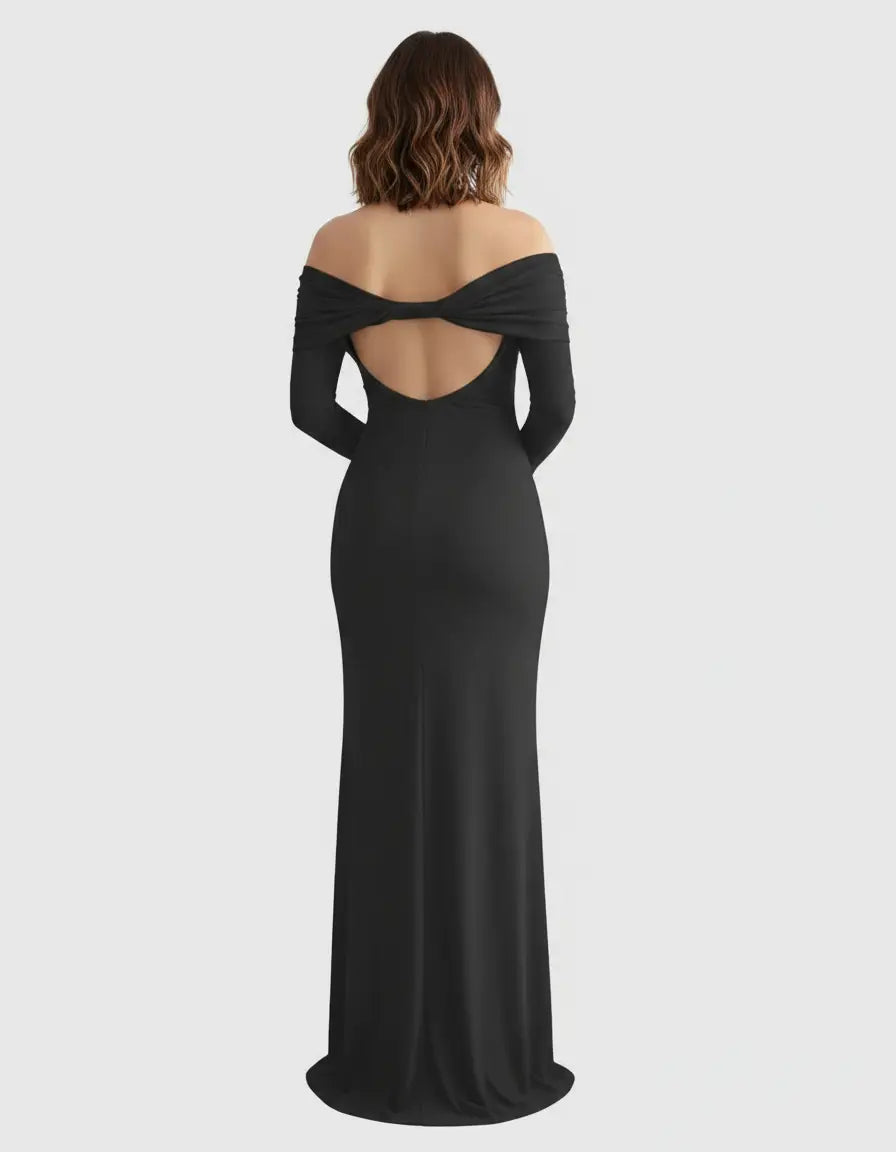Black off-shoulder cross-back maternity gown with long sleeves and a flattering silhouette.