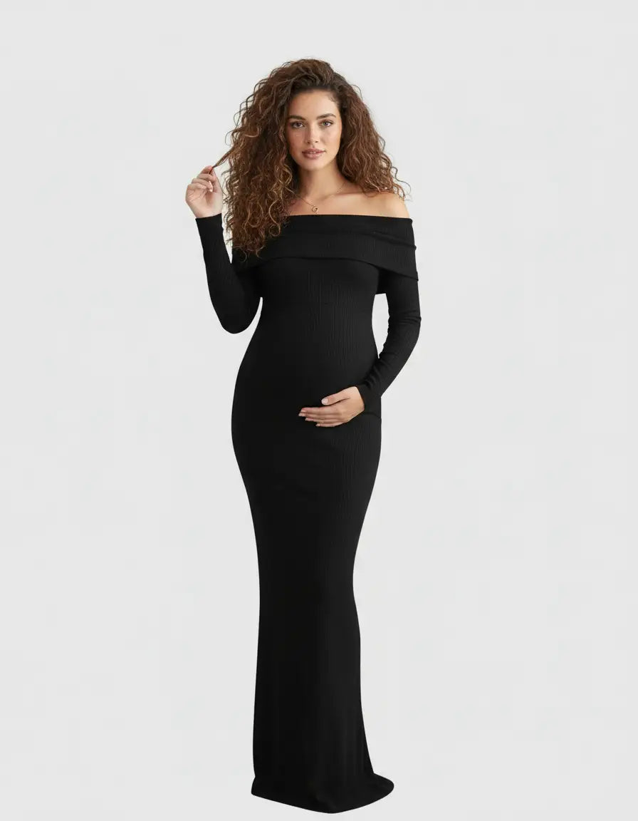 Black ribbed off-shoulder cross-back maternity gown on a model, highlighting the comfortable, relaxed fit.