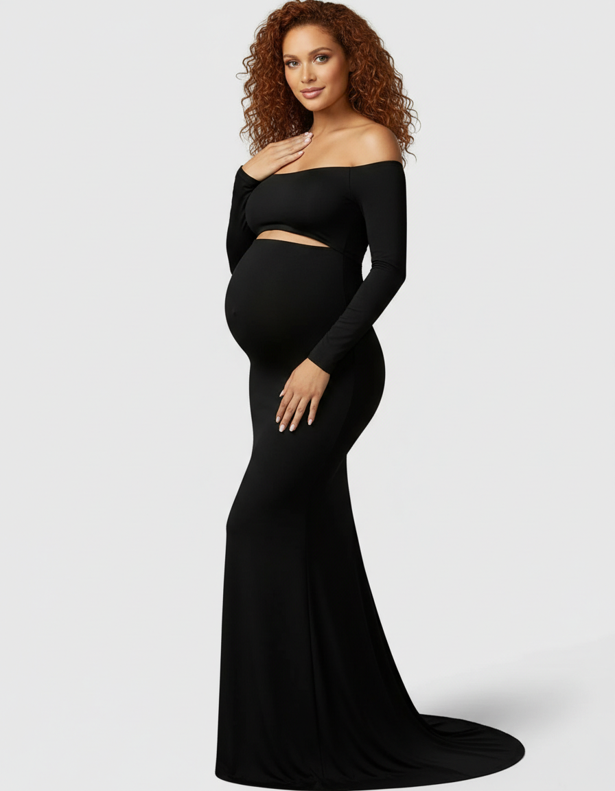 Bump Society – The Comfort Collection: Off Shoulder Cut Out Maternity Photoshoot Gown-Bump Society