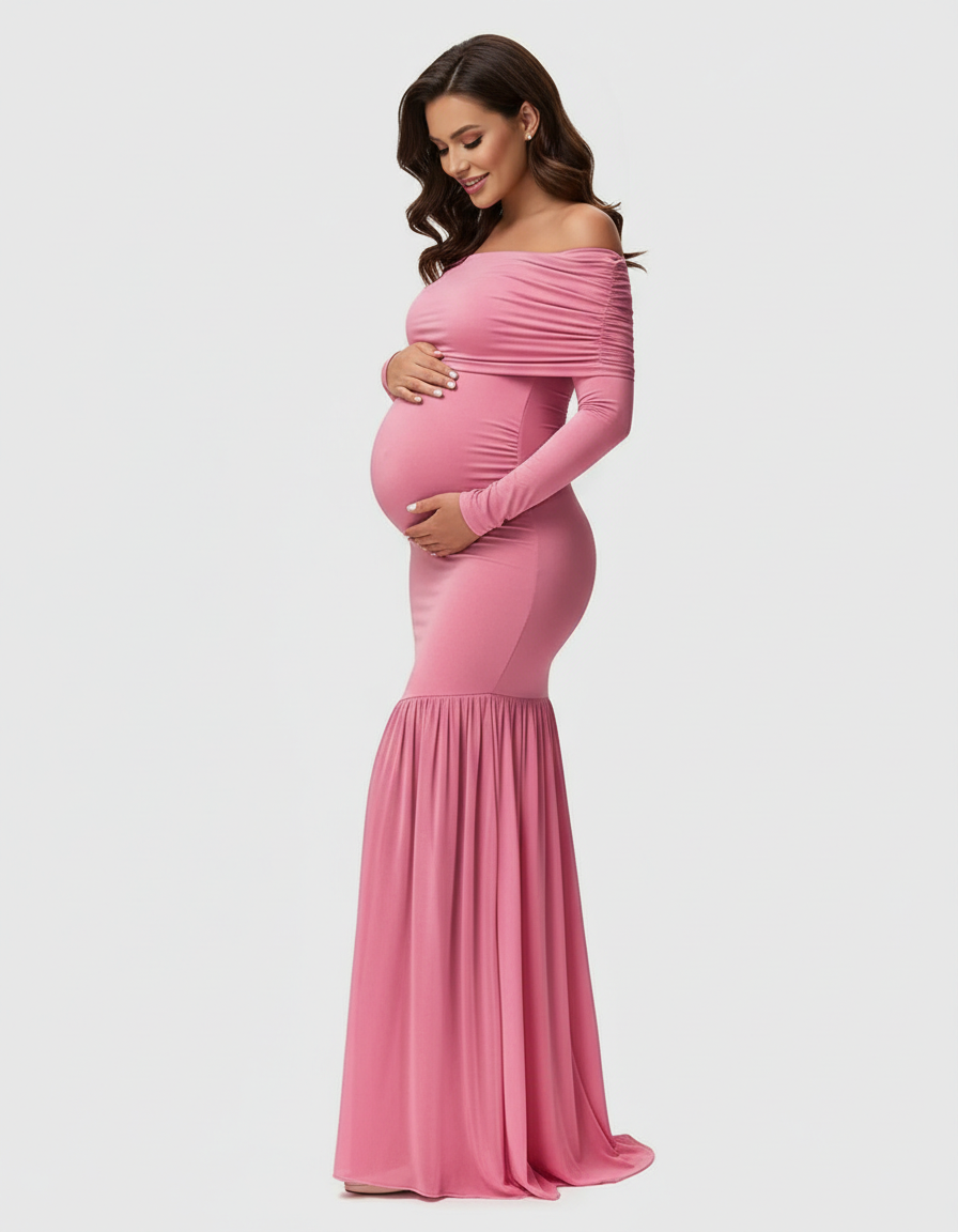 Bump Society – The Comfort Collection: Off-Shoulder Draped Maternity Photoshoot Gown-Bump Society