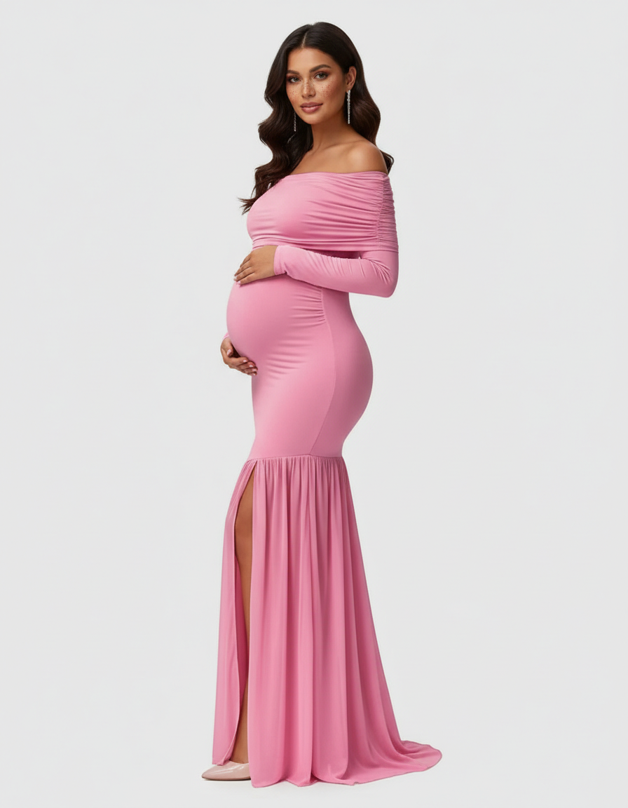 Bump Society – The Comfort Collection: Off-Shoulder Draped Maternity Photoshoot Gown-Bump Society