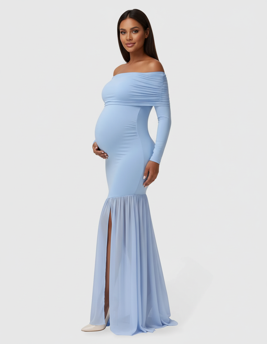 Bump Society – The Comfort Collection: Off-Shoulder Draped Maternity Photoshoot Gown-Bump Society