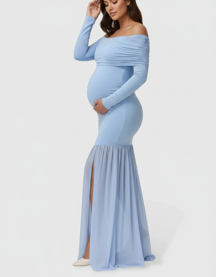 Bump Society – The Comfort Collection: Off-Shoulder Draped Maternity Photoshoot Gown-Bump Society