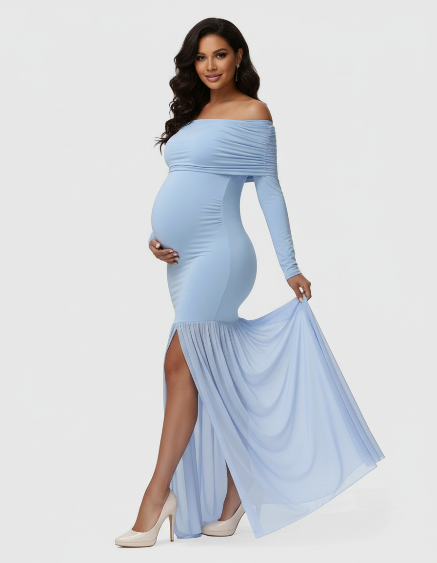 Bump Society – The Comfort Collection: Off-Shoulder Draped Maternity Photoshoot Gown-Bump Society