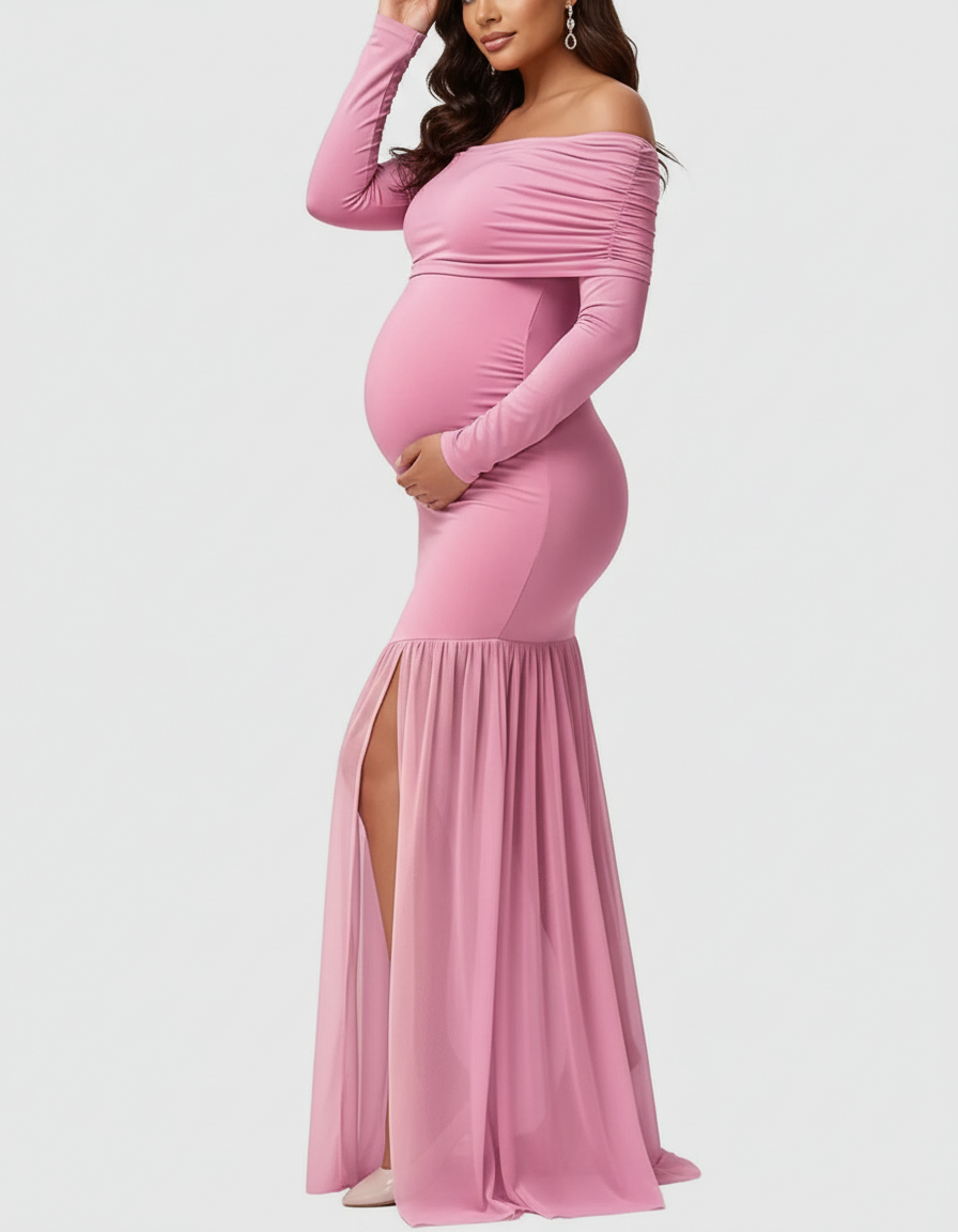 Bump Society – The Comfort Collection: Off-Shoulder Draped Maternity Photoshoot Gown-Bump Society