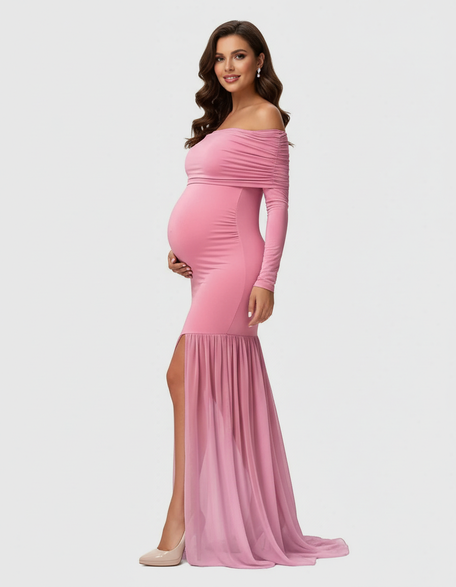 Bump Society – The Comfort Collection: Off-Shoulder Draped Maternity Photoshoot Gown-Bump Society