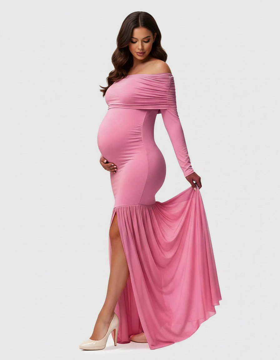 Bump Society – The Comfort Collection: Off-Shoulder Draped Maternity Photoshoot Gown-Bump Society
