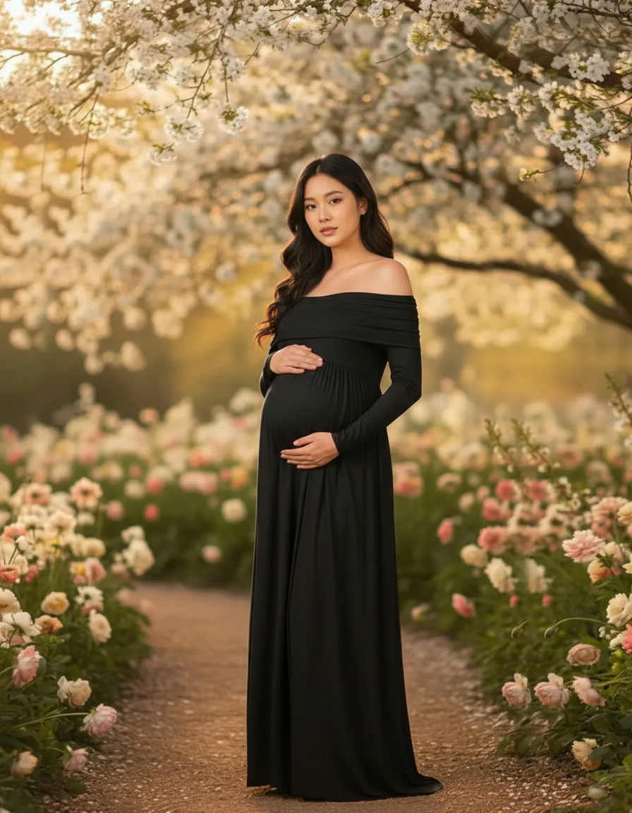 Bump Society – The Comfort Collection: Off-Shoulder Floor-Length Maternity Gown-Bump Society
