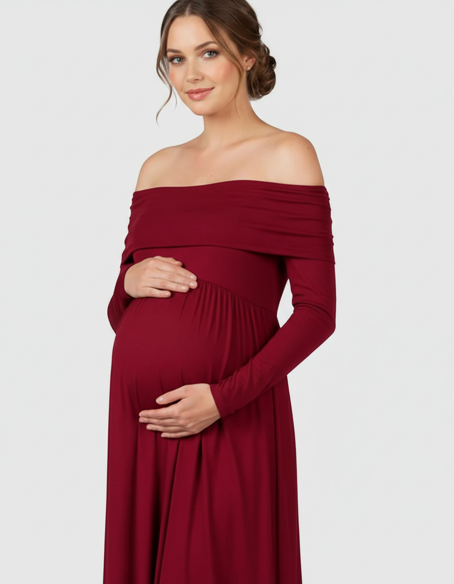 Bump Society – The Comfort Collection: Off-Shoulder Floor-Length Maternity Gown-Bump Society