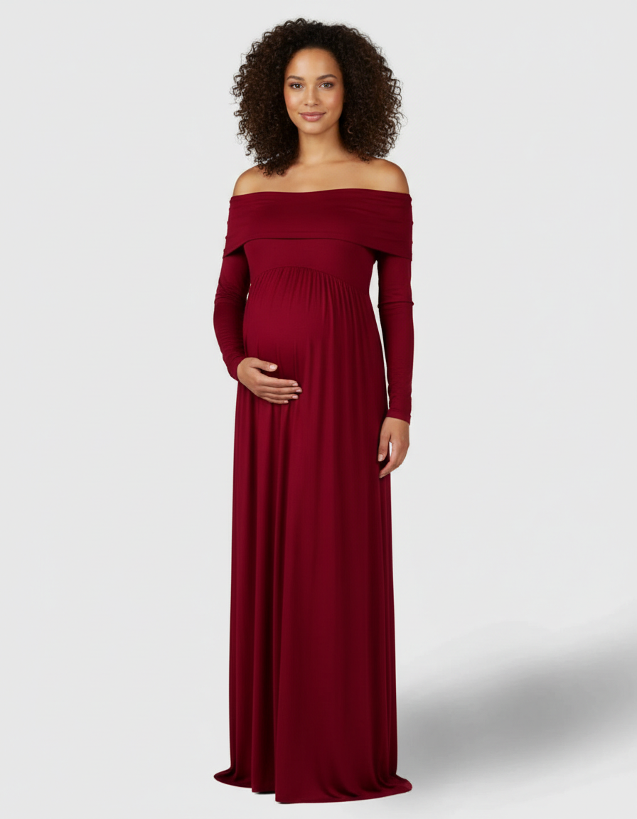Bump Society – The Comfort Collection: Off-Shoulder Floor-Length Maternity Gown-Bump Society
