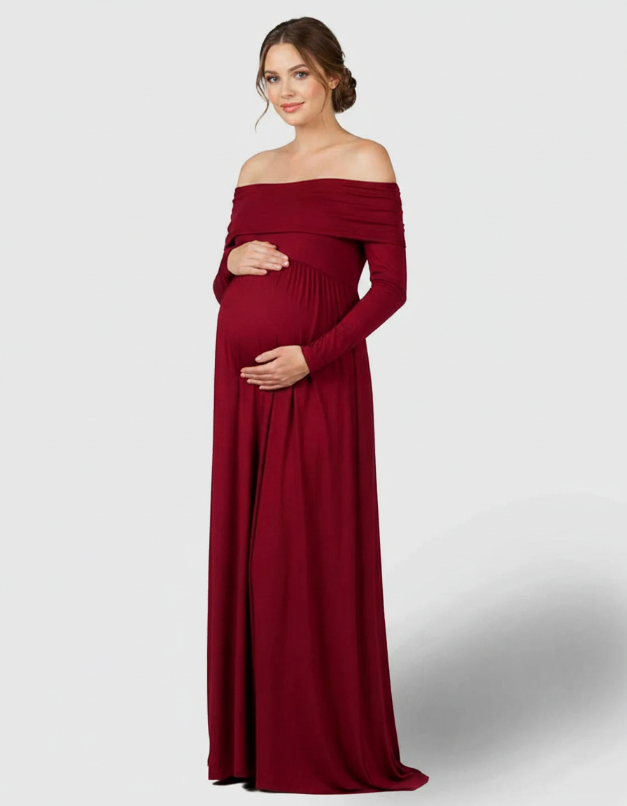 Bump Society – The Comfort Collection: Off-Shoulder Floor-Length Maternity Gown-Bump Society