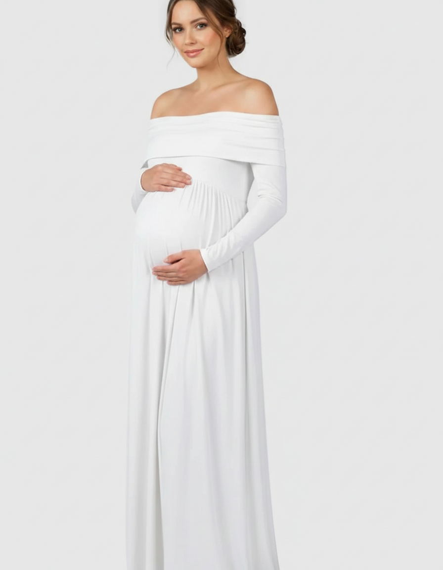 Bump Society – The Comfort Collection: Off-Shoulder Floor-Length Maternity Gown-Bump Society