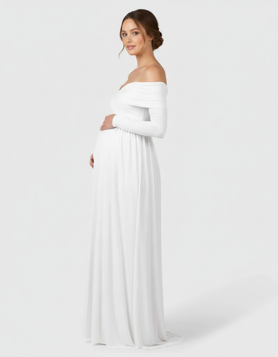 Bump Society – The Comfort Collection: Off-Shoulder Floor-Length Maternity Gown-Bump Society