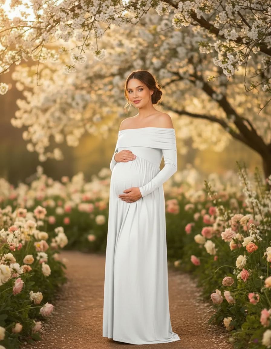 Bump Society – The Comfort Collection: Off-Shoulder Floor-Length Maternity Gown-Bump Society