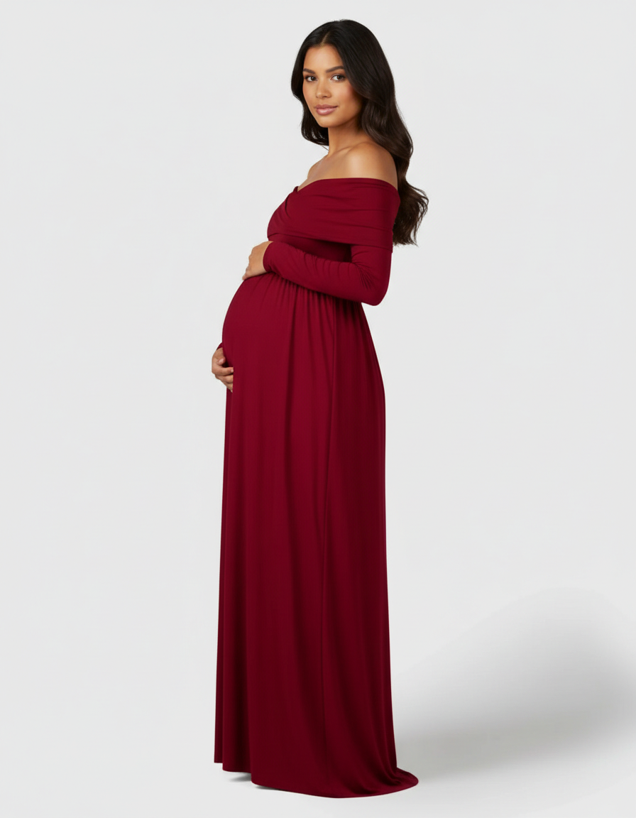 Bump Society – The Comfort Collection: Off-Shoulder Floor-Length Maternity Gown-Bump Society