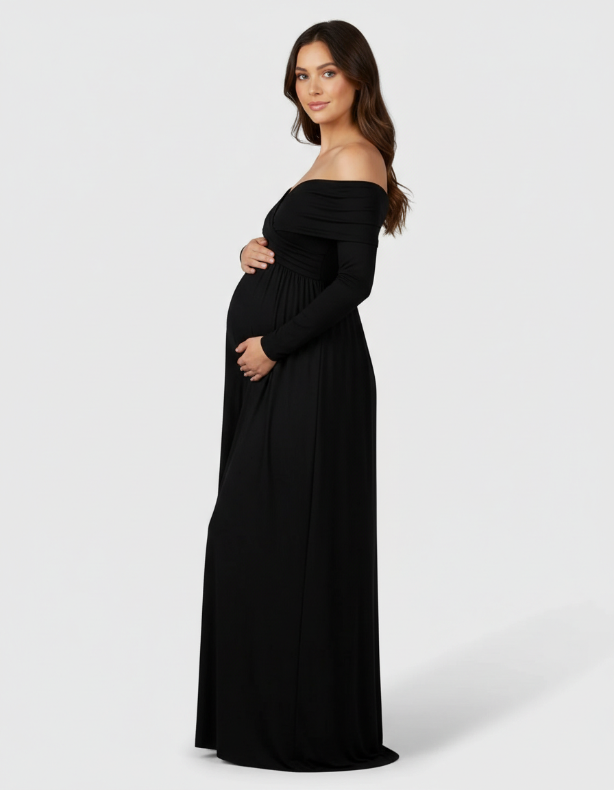 Bump Society – The Comfort Collection: Off-Shoulder Floor-Length Maternity Gown-Bump Society