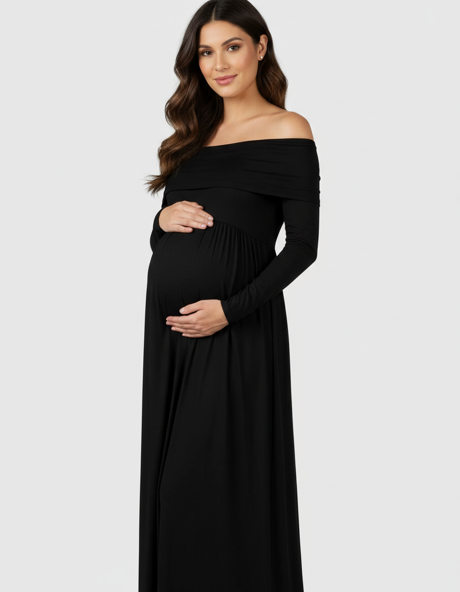 Bump Society – The Comfort Collection: Off-Shoulder Floor-Length Maternity Gown-Bump Society