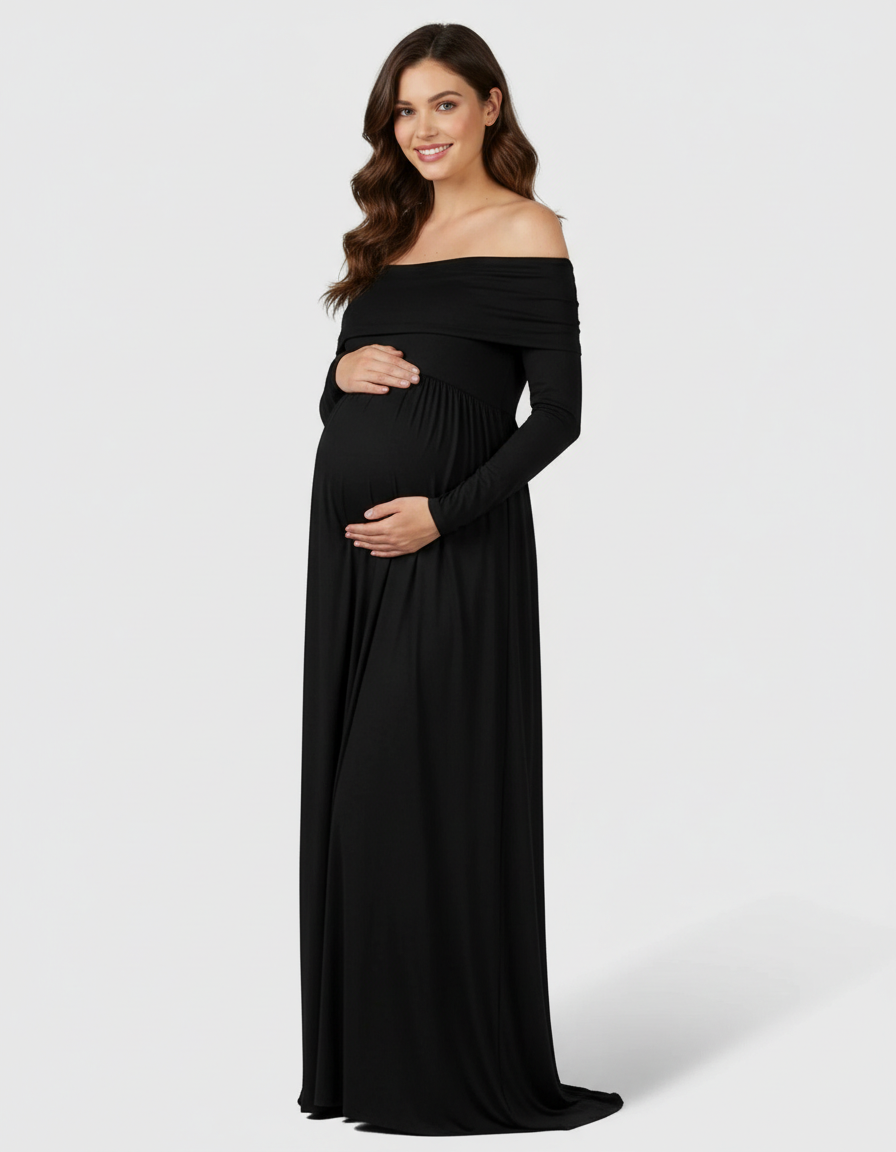 Bump Society – The Comfort Collection: Off-Shoulder Floor-Length Maternity Gown-Bump Society