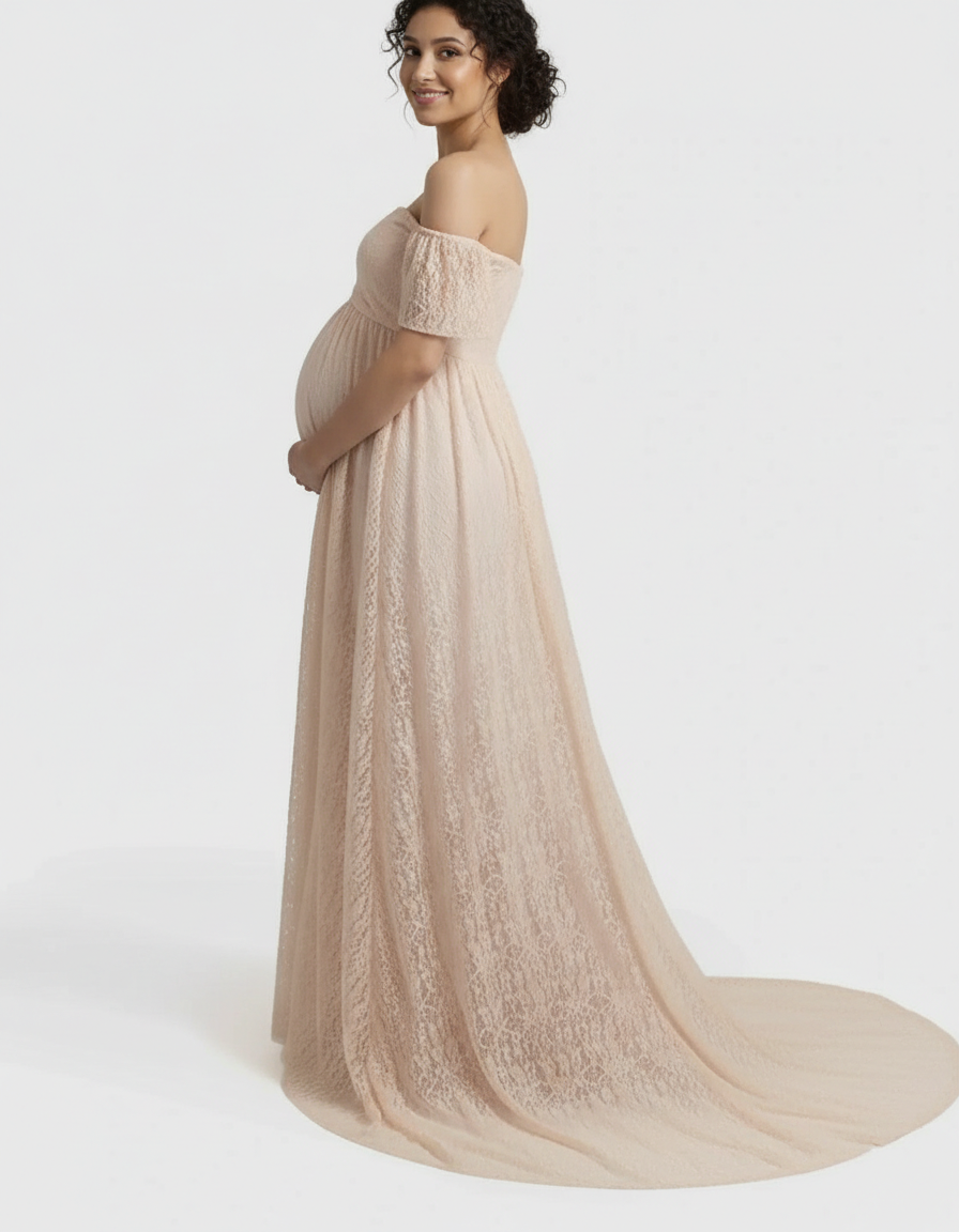 Maternity maxi dress in flowing blush lace, off-shoulder design, with a long train.