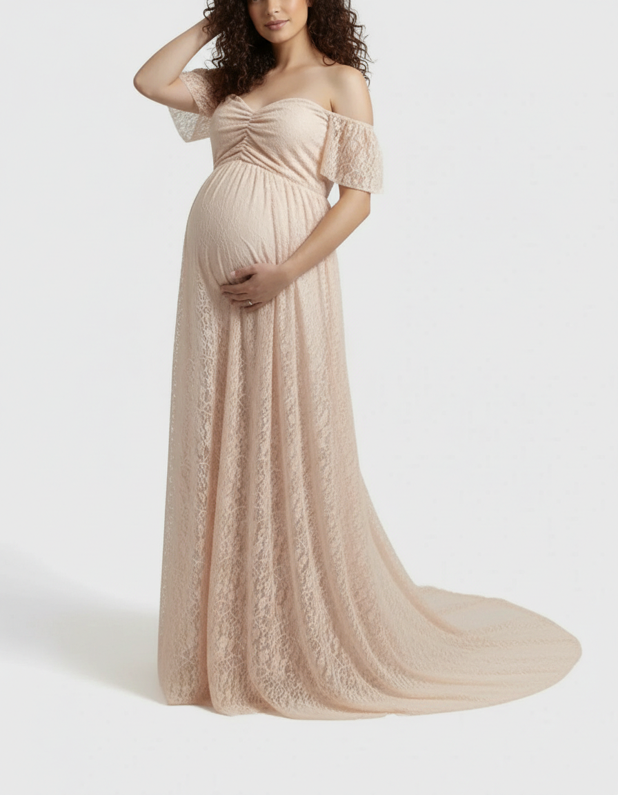 Off-shoulder flowing lace maternity maxi dress in light peach with ruched bodice and long train.