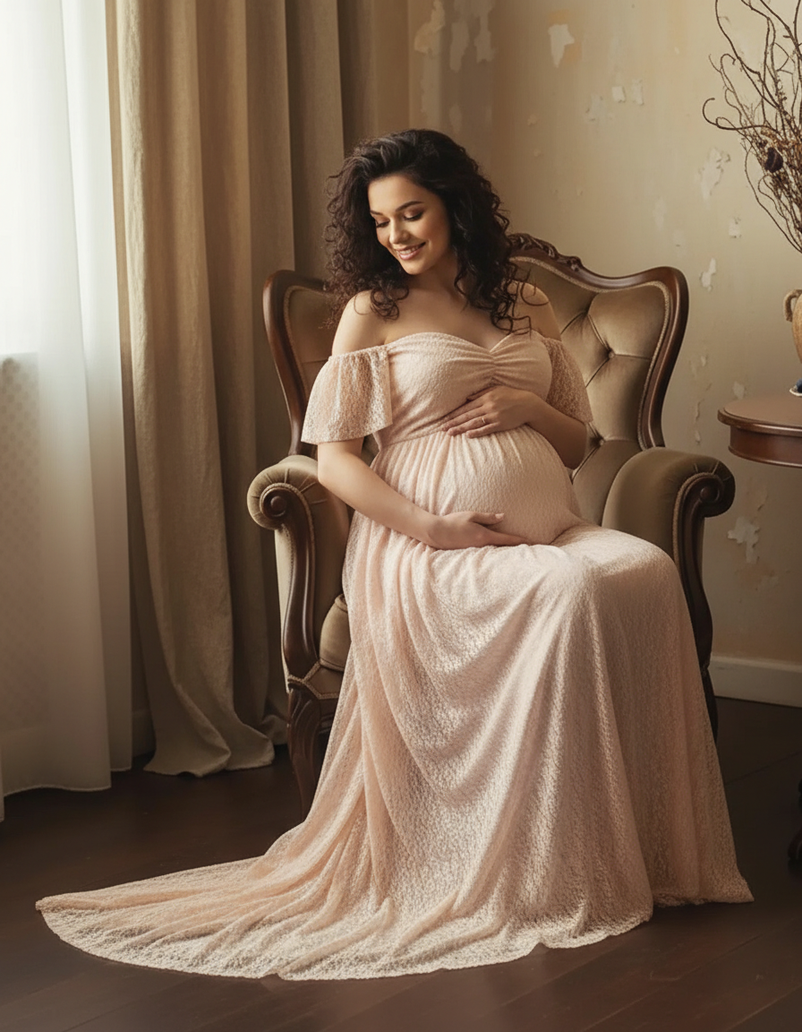 Pregnant woman in a flowing, off-shoulder blush pink lace maternity maxi dress, seated in an armchair.