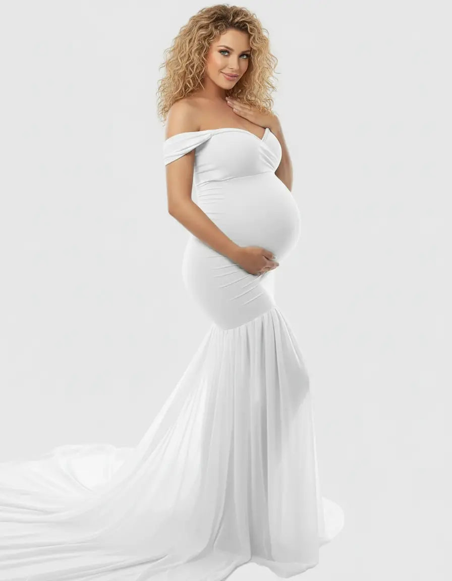 White off-shoulder flowy maternity gown with a mermaid silhouette and long train.
