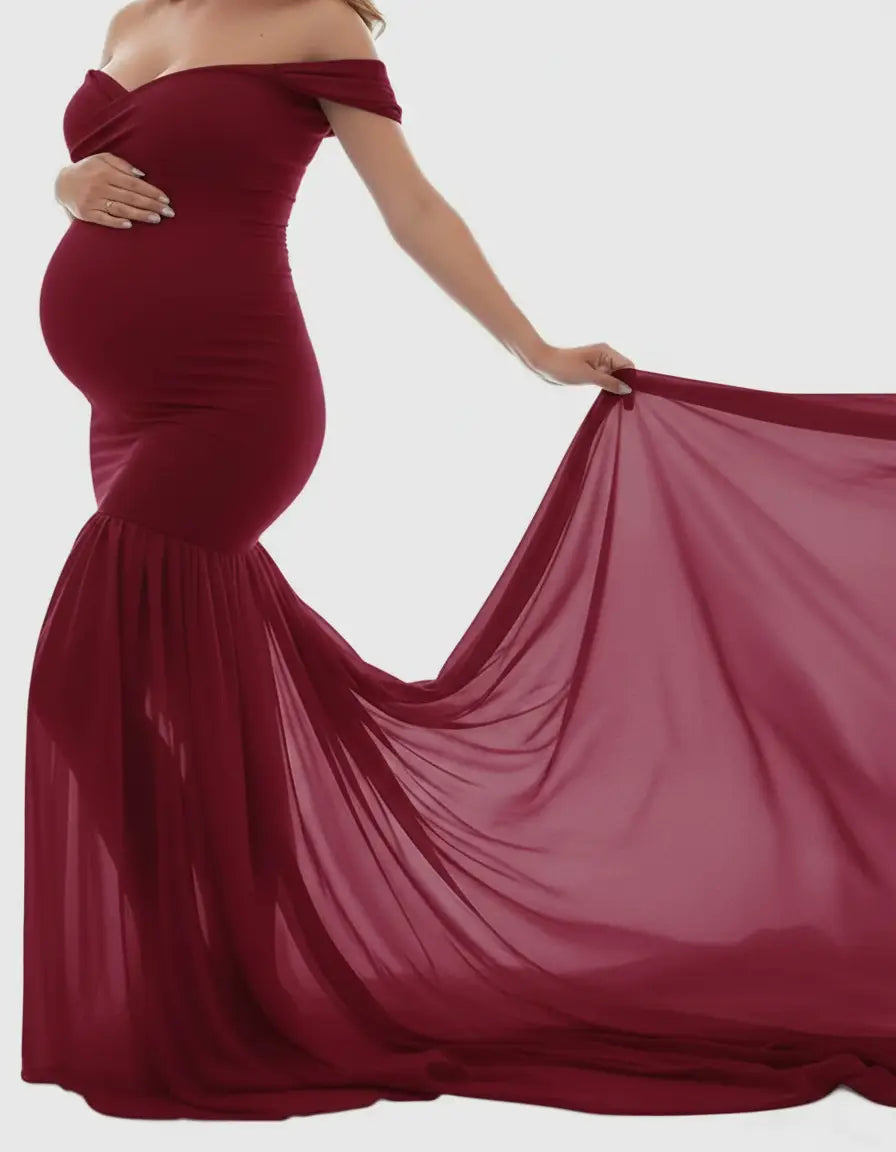 Maternity gown: off-shoulder, flowy, deep red, mermaid silhouette, long train.