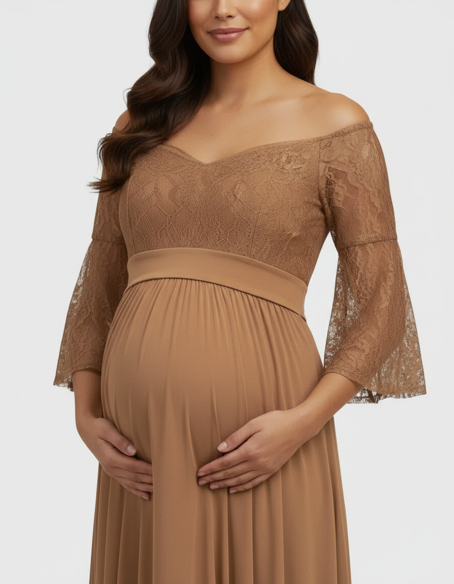 Bump Society – The Comfort Collection: Off-Shoulder Lace Bodice Maternity Photoshoot Dress-Bump Society